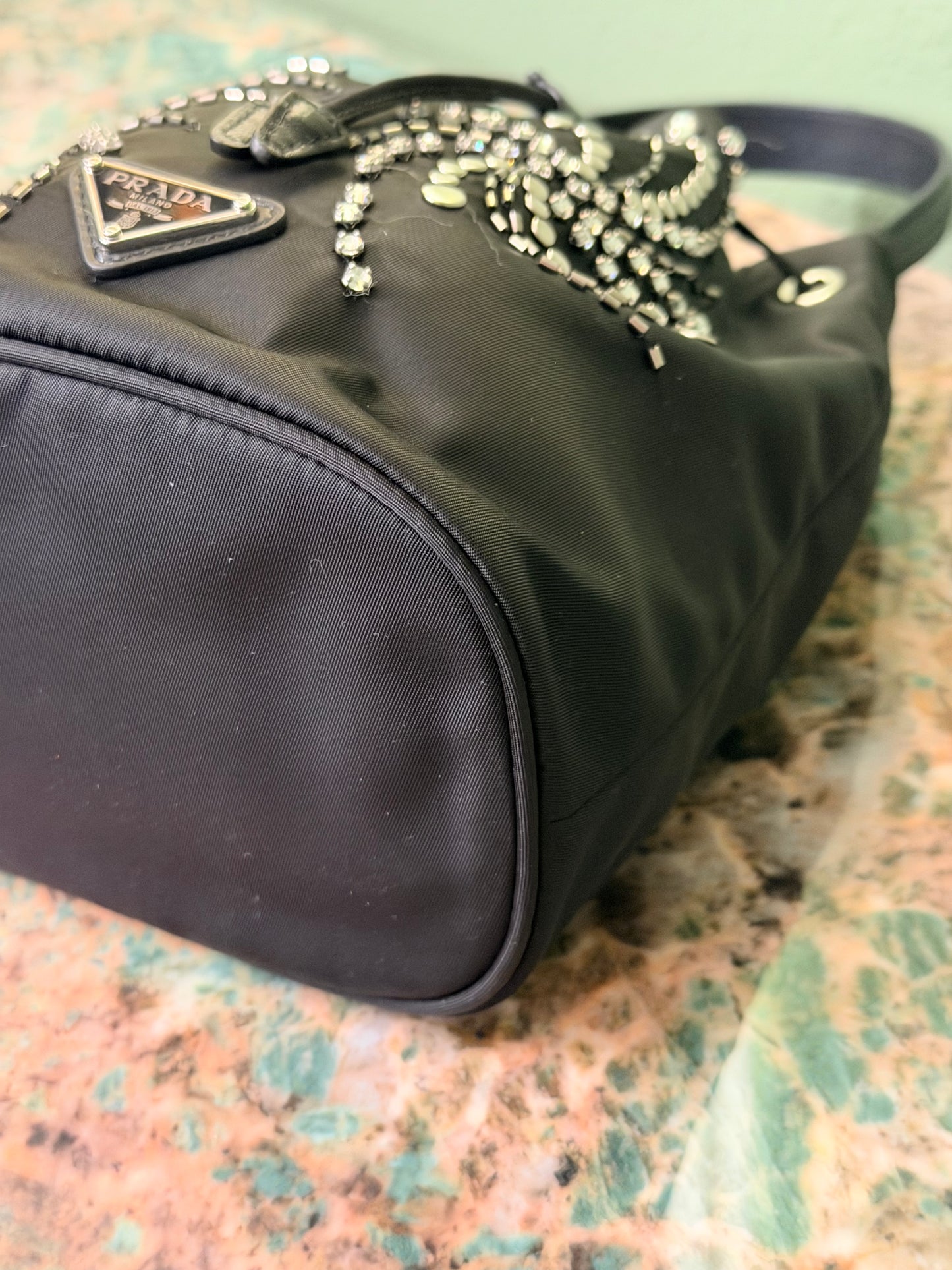 PRADA BLACK BEADED NYLON BUCKET HANDBAG