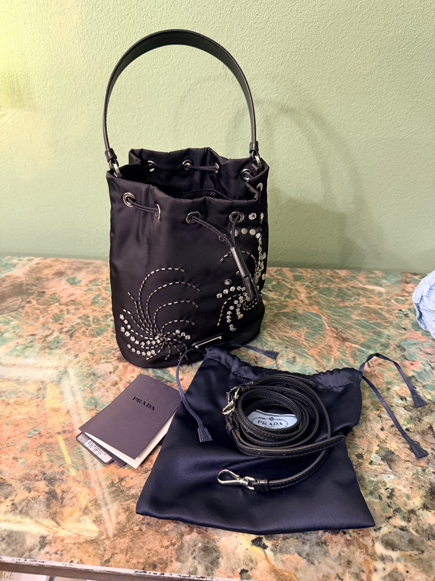 PRADA BLACK BEADED NYLON BUCKET HANDBAG