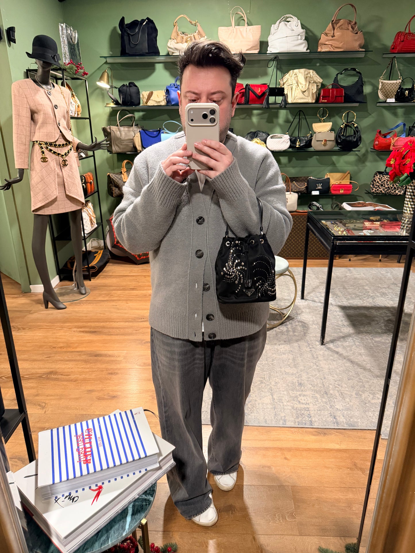 PRADA BLACK BEADED NYLON BUCKET HANDBAG