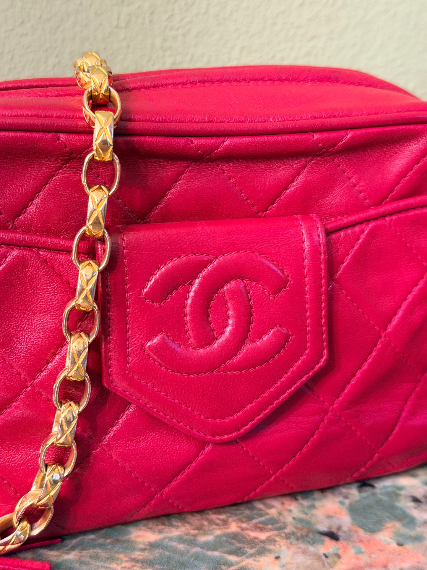 CHANEL RED QUILTED SMALL CAMERA BAG
