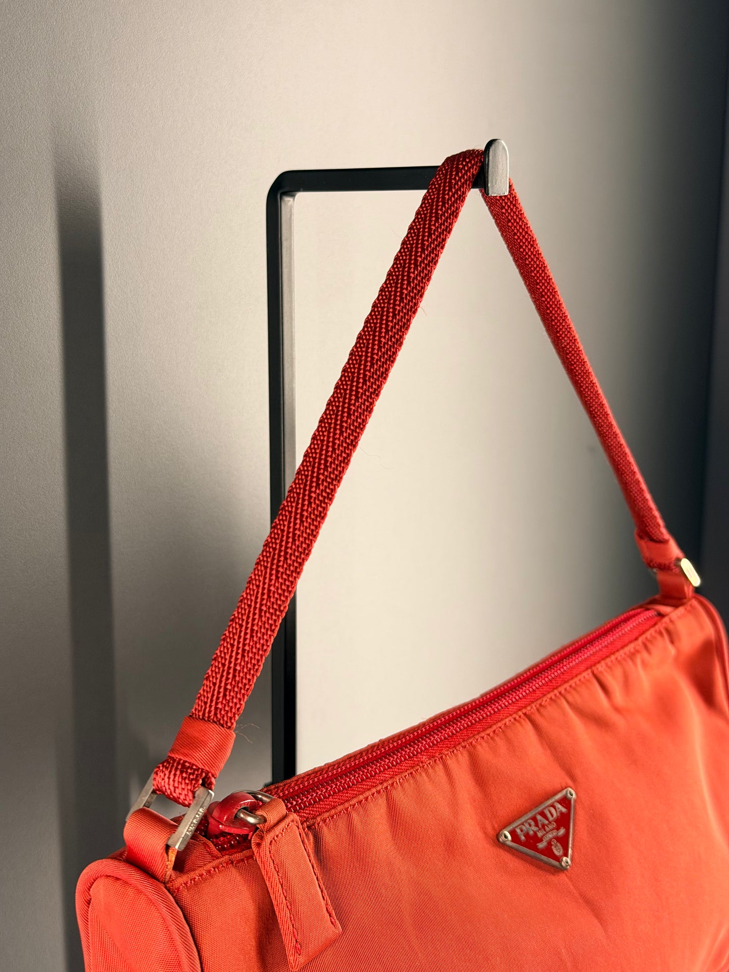 PRADA RED NYLON SHOULDER BAG