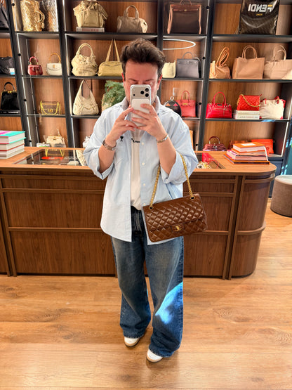 CHANEL BROWN LAMBSKIN MEDIUM CLASSIC DOUBLE FLAP SHOULDER BAG