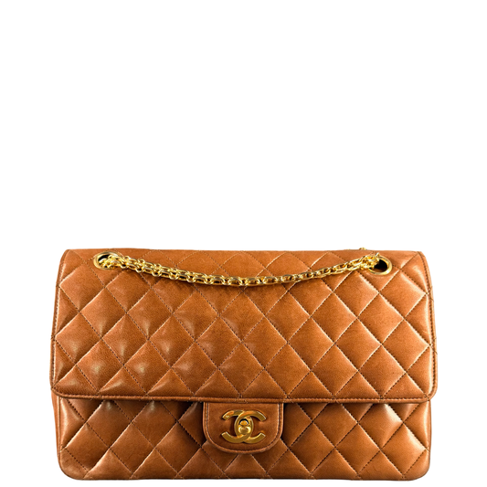 CHANEL BROWN LAMBSKIN MEDIUM CLASSIC DOUBLE FLAP SHOULDER BAG
