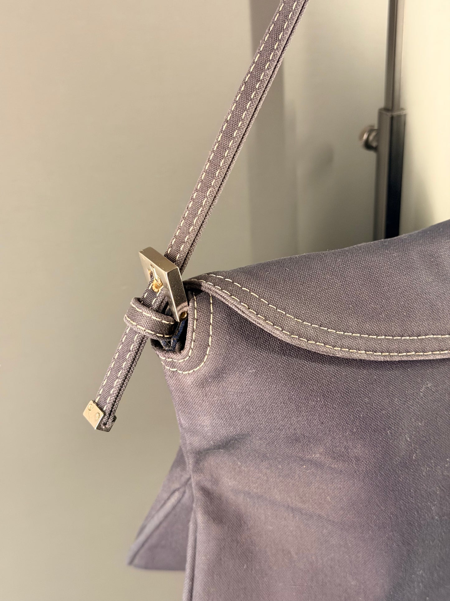 FENDI NAVY COTTON DOUBLE FLAP SHOULDER BAG