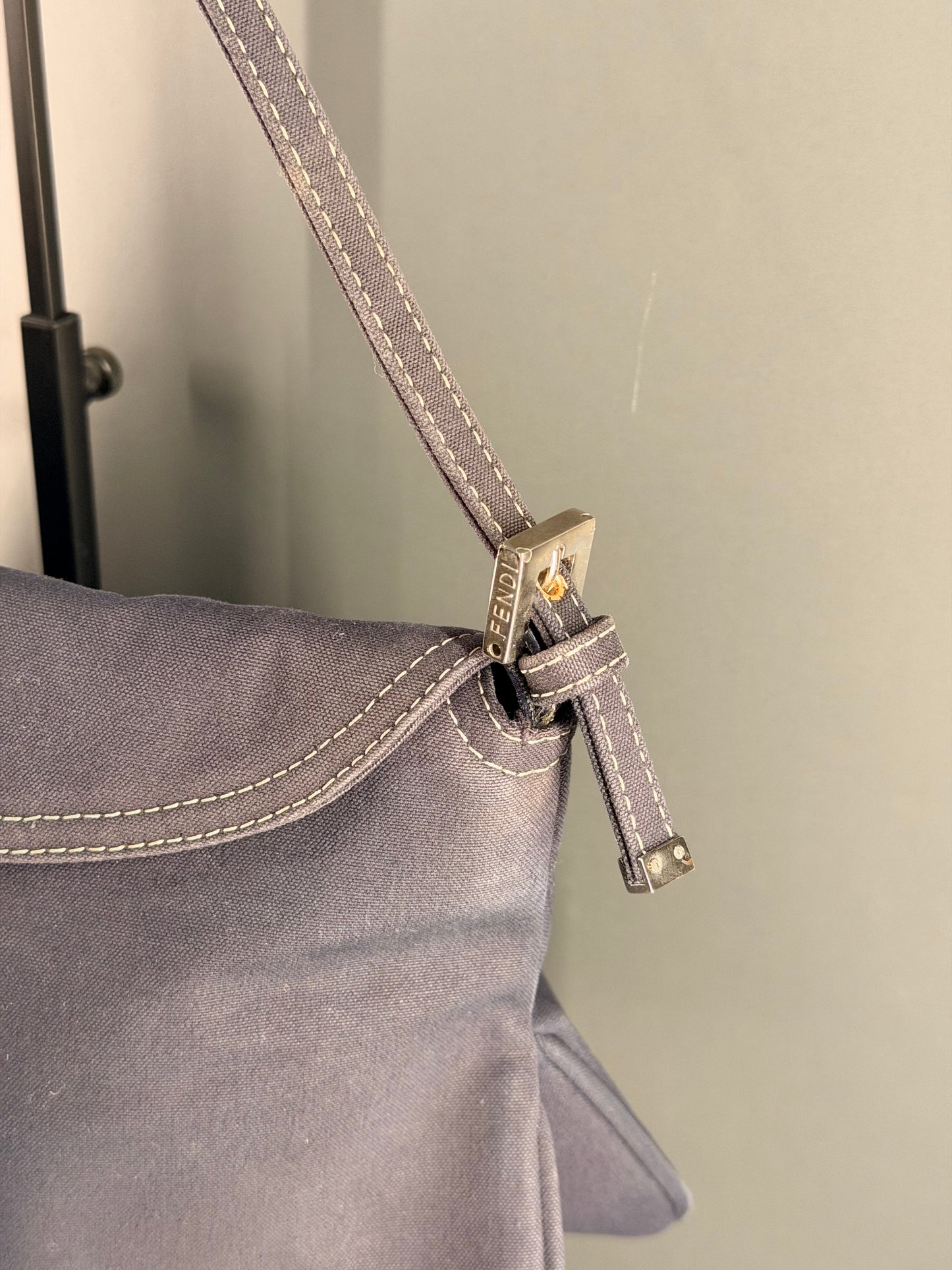 FENDI NAVY COTTON DOUBLE FLAP SHOULDER BAG
