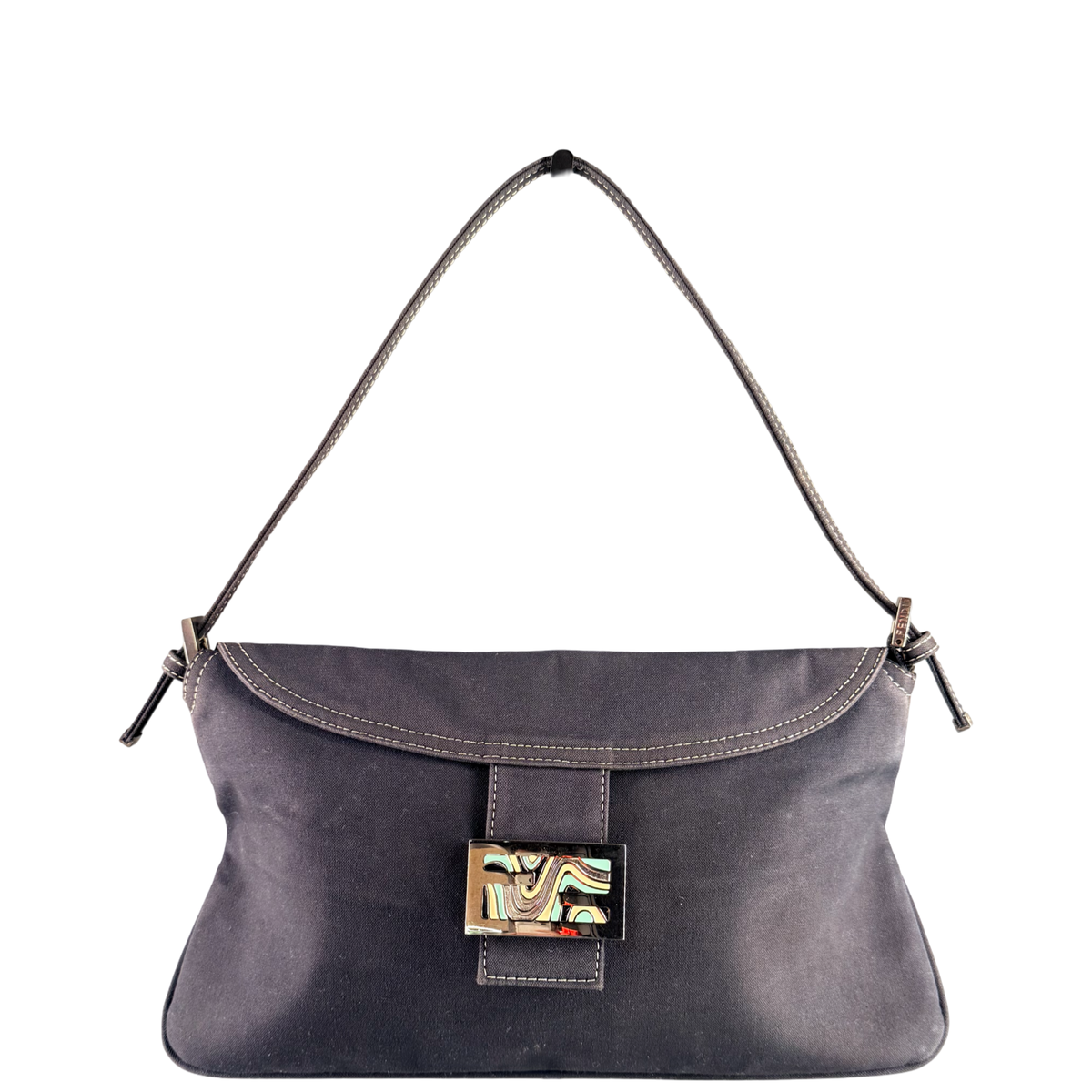 FENDI NAVY COTTON DOUBLE FLAP SHOULDER BAG