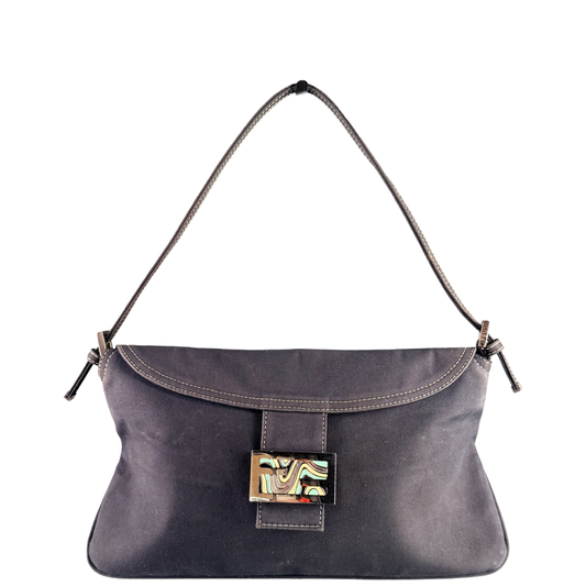 FENDI NAVY COTTON DOUBLE FLAP SHOULDER BAG