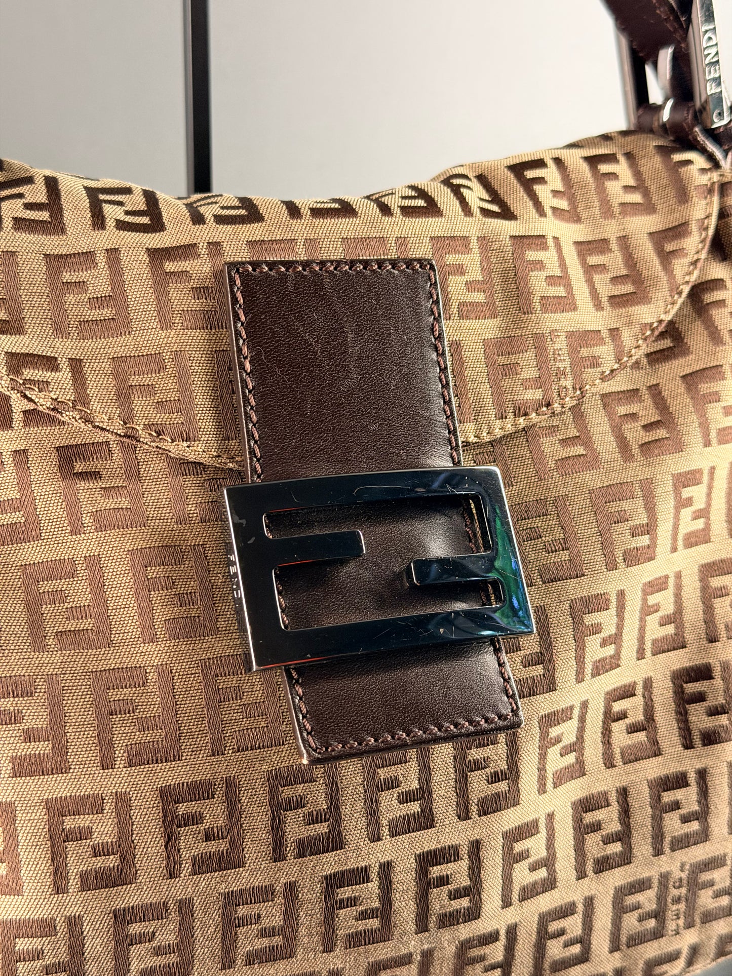 FENDI BROWN ZUCCHINO DOUBLE FLAP MAMA BAGUETTE SHOULDER BAG