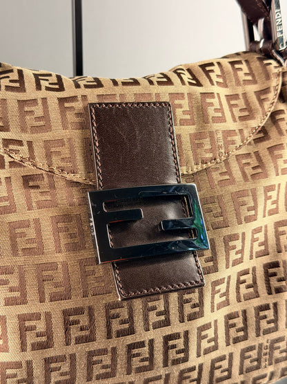 FENDI BROWN ZUCCHINO DOUBLE FLAP MAMA BAGUETTE SHOULDER BAG