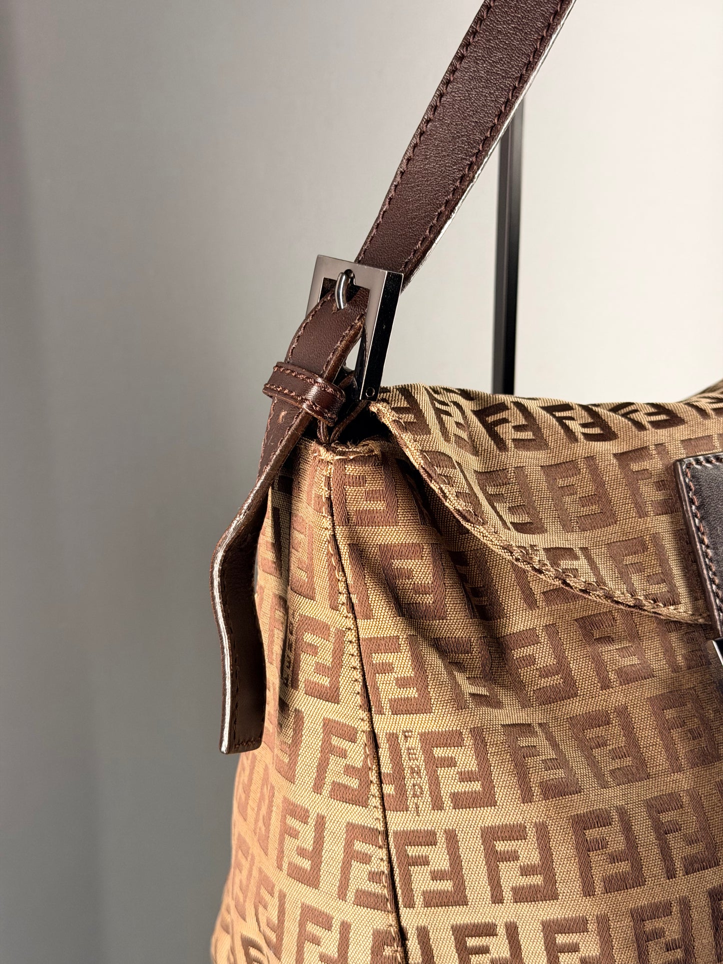 FENDI BROWN ZUCCHINO DOUBLE FLAP MAMA BAGUETTE SHOULDER BAG