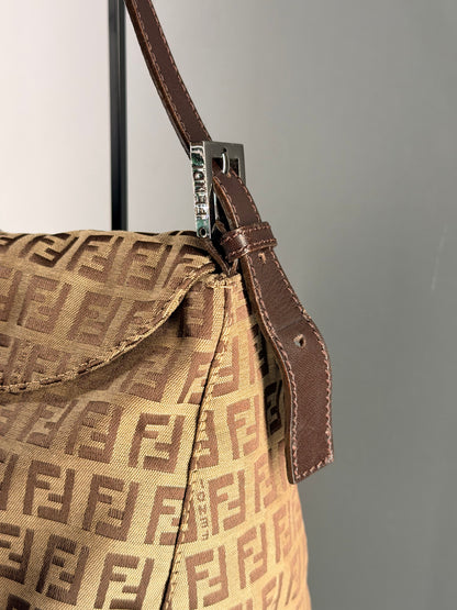 FENDI BROWN ZUCCHINO DOUBLE FLAP MAMA BAGUETTE SHOULDER BAG