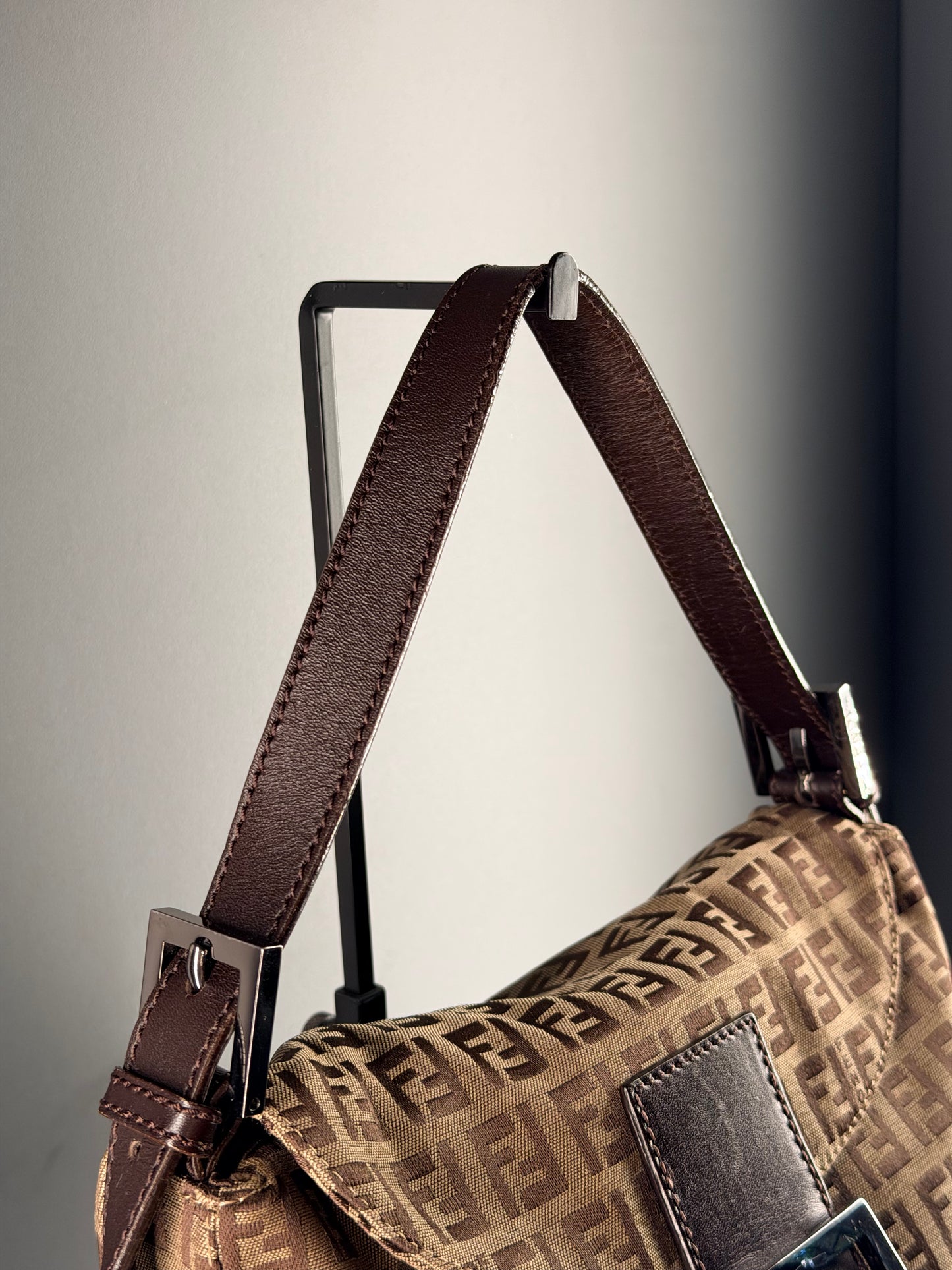 FENDI BROWN ZUCCHINO DOUBLE FLAP MAMA BAGUETTE SHOULDER BAG