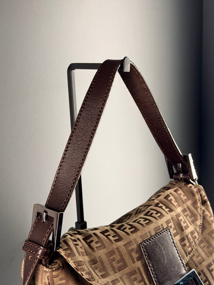 FENDI BROWN ZUCCHINO DOUBLE FLAP MAMA BAGUETTE SHOULDER BAG
