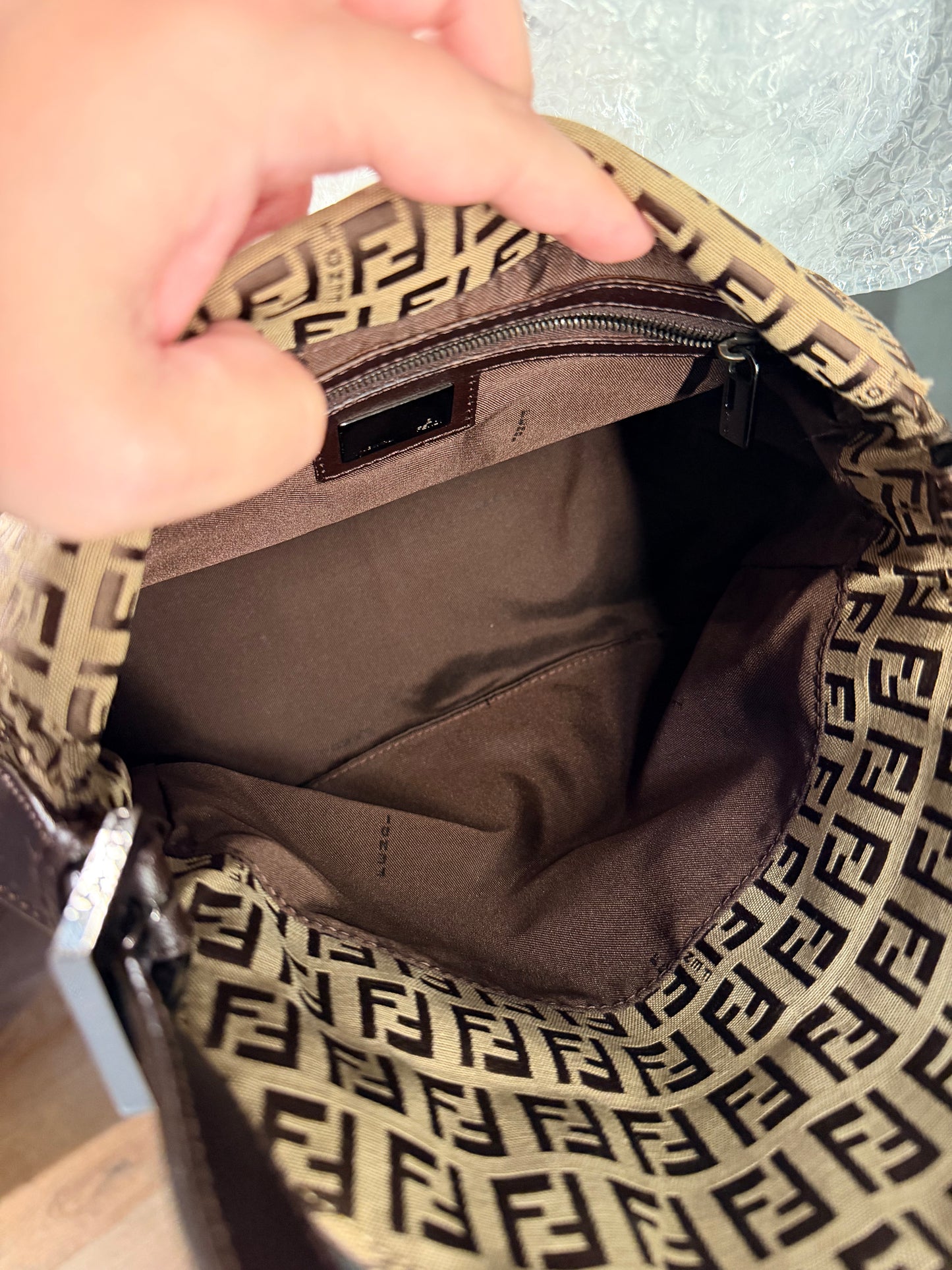FENDI BROWN ZUCCHINO DOUBLE FLAP MAMA BAGUETTE SHOULDER BAG
