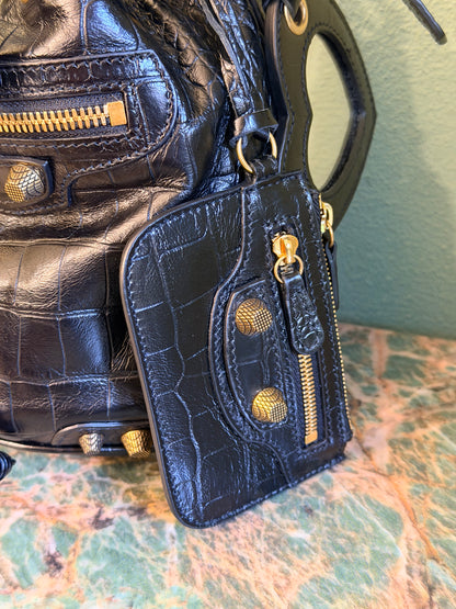 BALENCIAGA BLACK EMBOSSED CROCODILE SMALL LE CAGOLE BUCKET BAG