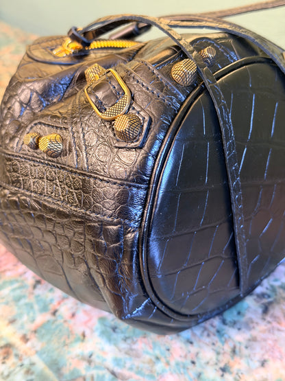 BALENCIAGA BLACK EMBOSSED CROCODILE SMALL LE CAGOLE BUCKET BAG