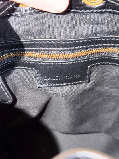 BALENCIAGA BLACK EMBOSSED CROCODILE SMALL LE CAGOLE BUCKET BAG