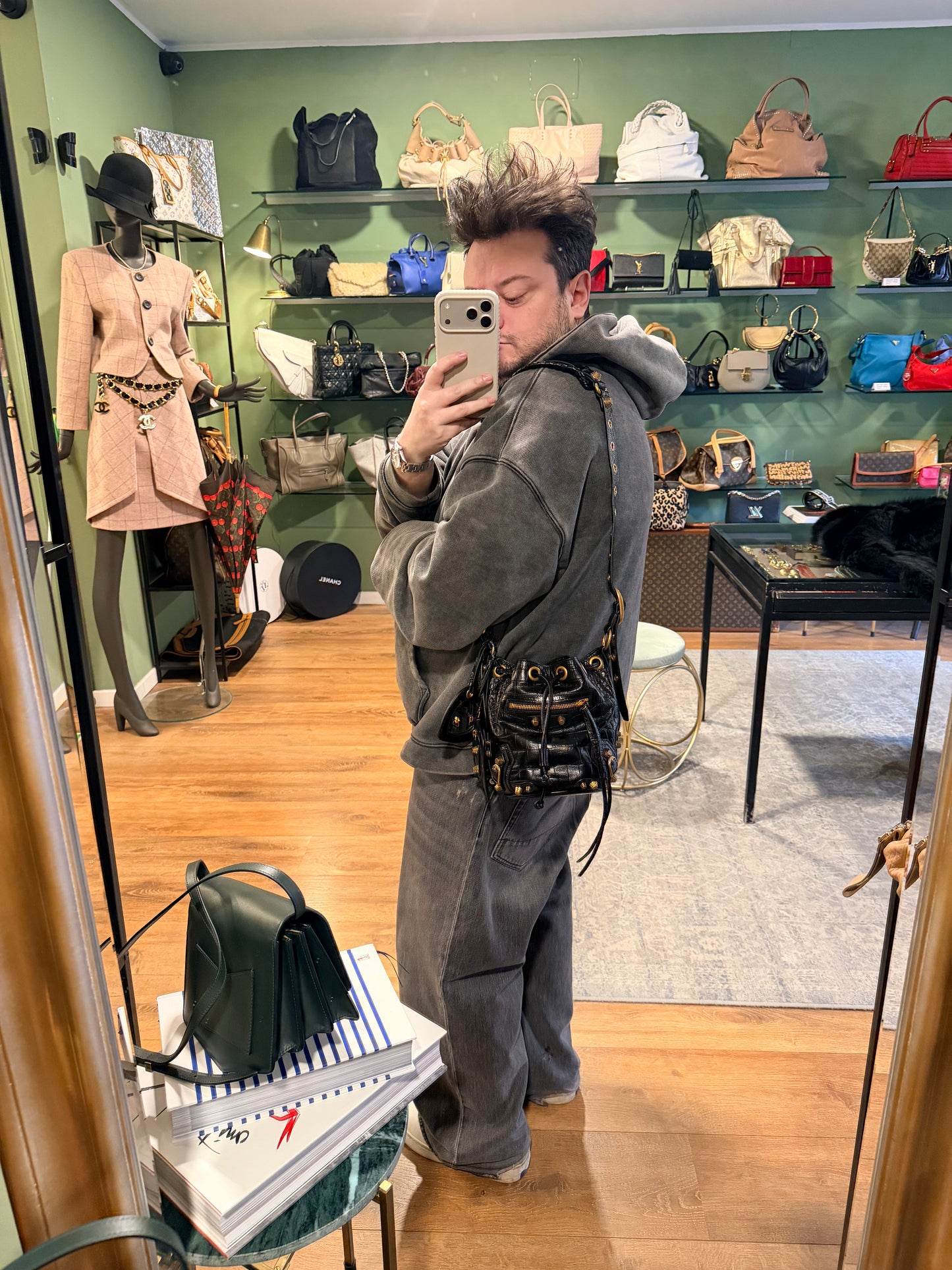 BALENCIAGA BLACK EMBOSSED CROCODILE SMALL LE CAGOLE BUCKET BAG