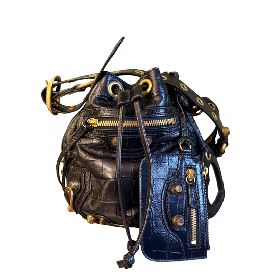 BALENCIAGA BLACK EMBOSSED CROCODILE SMALL LE CAGOLE BUCKET BAG