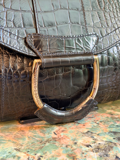 DOLCE & GABBANA BLACK EMBOSSED CROCODILE FLAP SHOULDER BAG