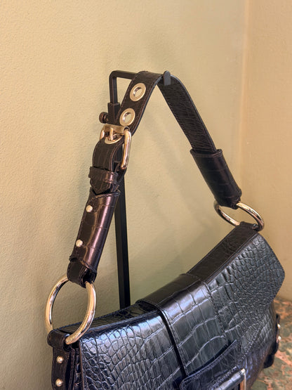 DOLCE & GABBANA BLACK EMBOSSED CROCODILE FLAP SHOULDER BAG