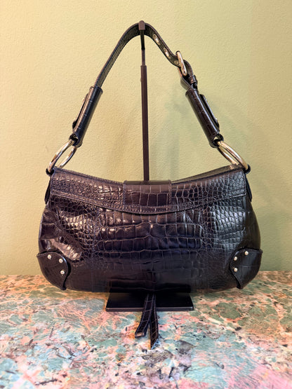 DOLCE & GABBANA BLACK EMBOSSED CROCODILE FLAP SHOULDER BAG