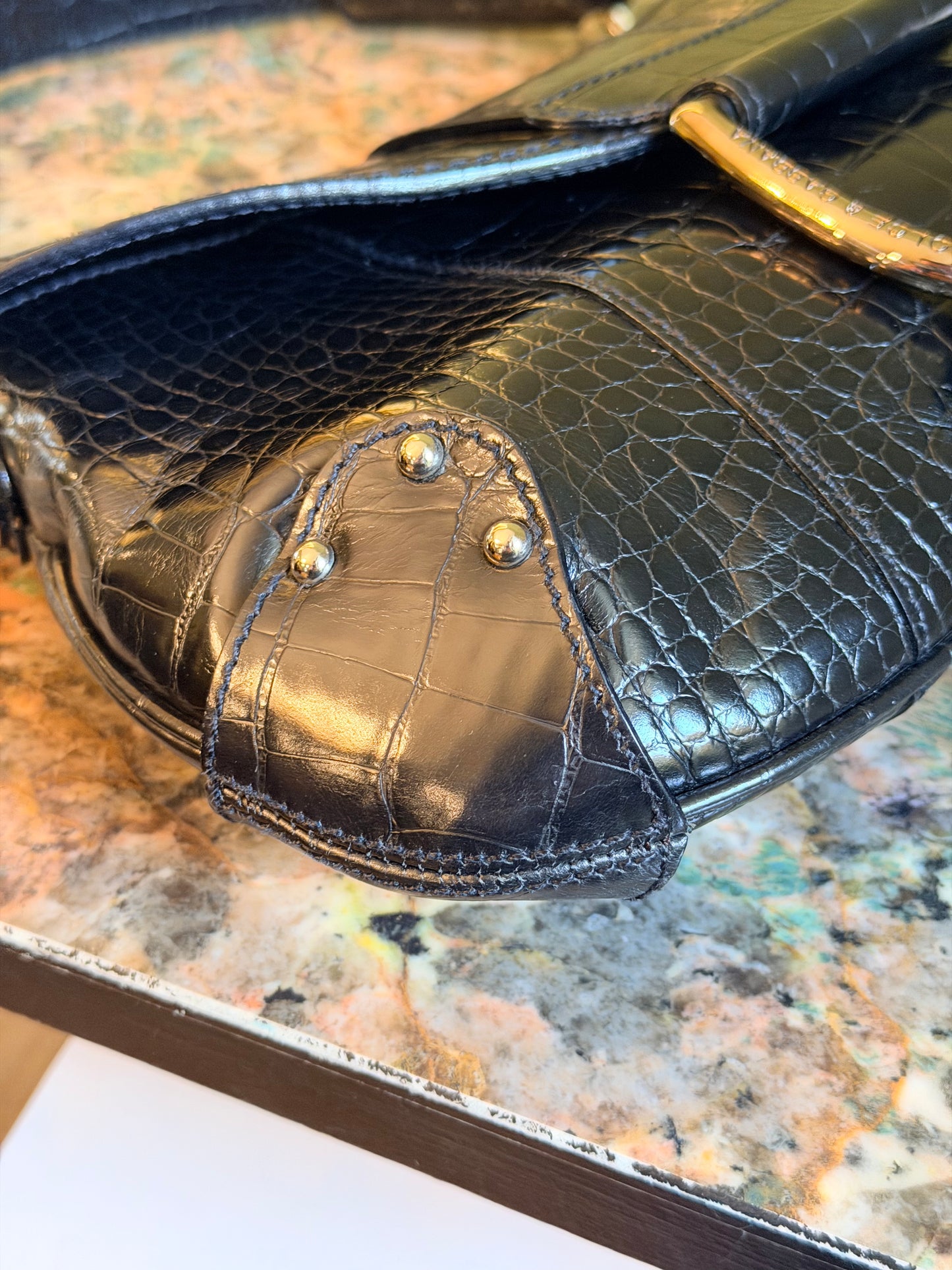 DOLCE & GABBANA BLACK EMBOSSED CROCODILE FLAP SHOULDER BAG