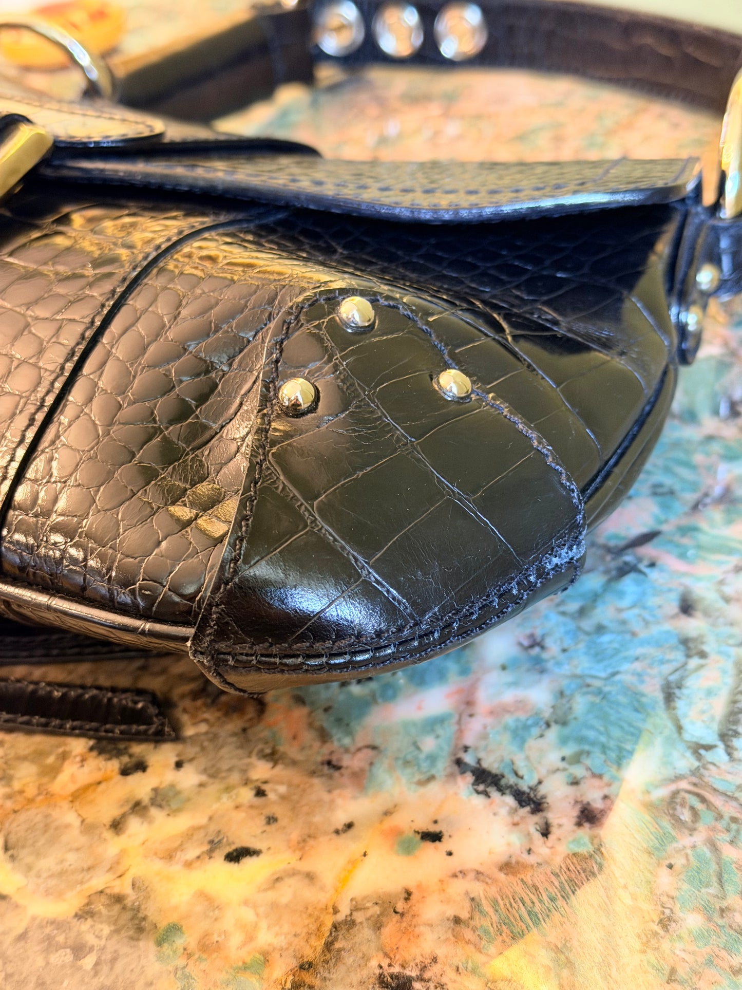 DOLCE & GABBANA BLACK EMBOSSED CROCODILE FLAP SHOULDER BAG