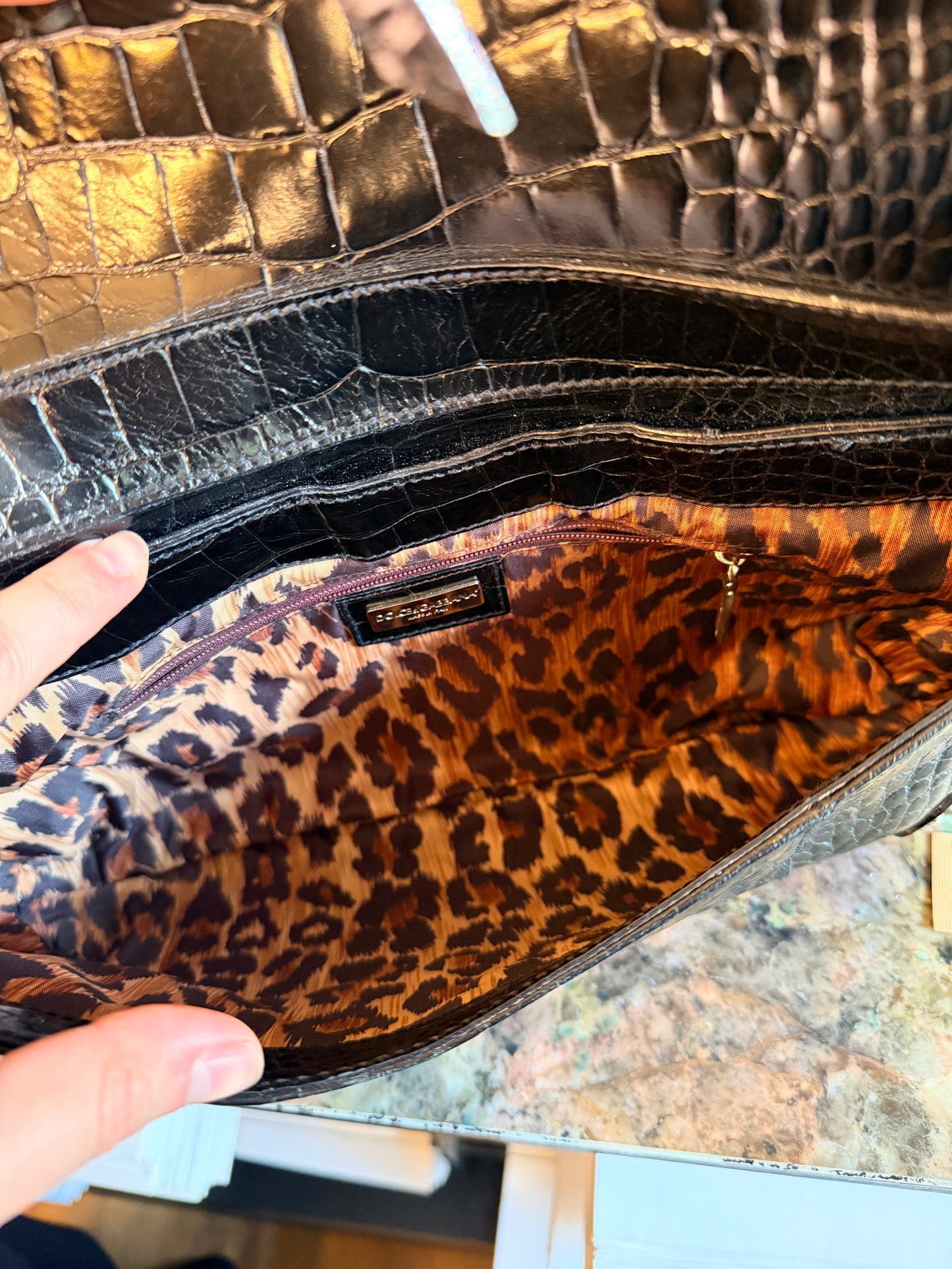 DOLCE & GABBANA BLACK EMBOSSED CROCODILE FLAP SHOULDER BAG