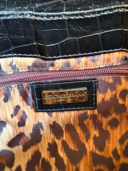 DOLCE & GABBANA BLACK EMBOSSED CROCODILE FLAP SHOULDER BAG