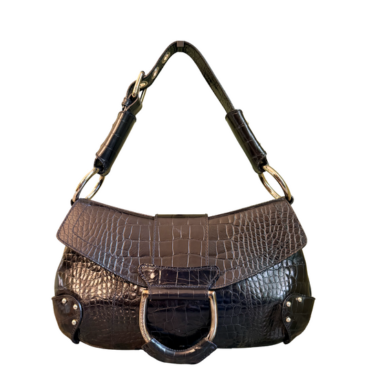 DOLCE & GABBANA BLACK EMBOSSED CROCODILE FLAP SHOULDER BAG