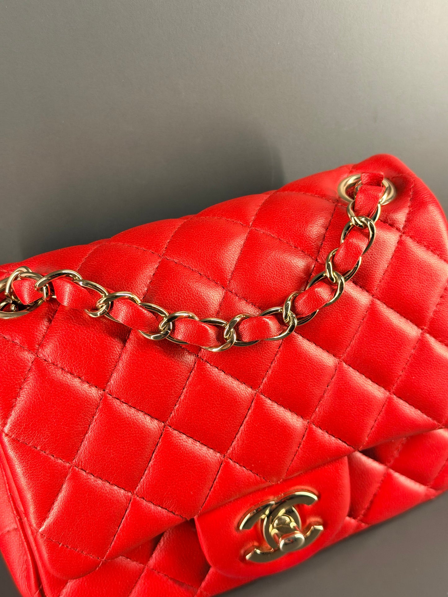 CHANEL RED LAMBSKIN MINI SQUARE CLASSIC SINGLE FLAP CROSSBODY BAG