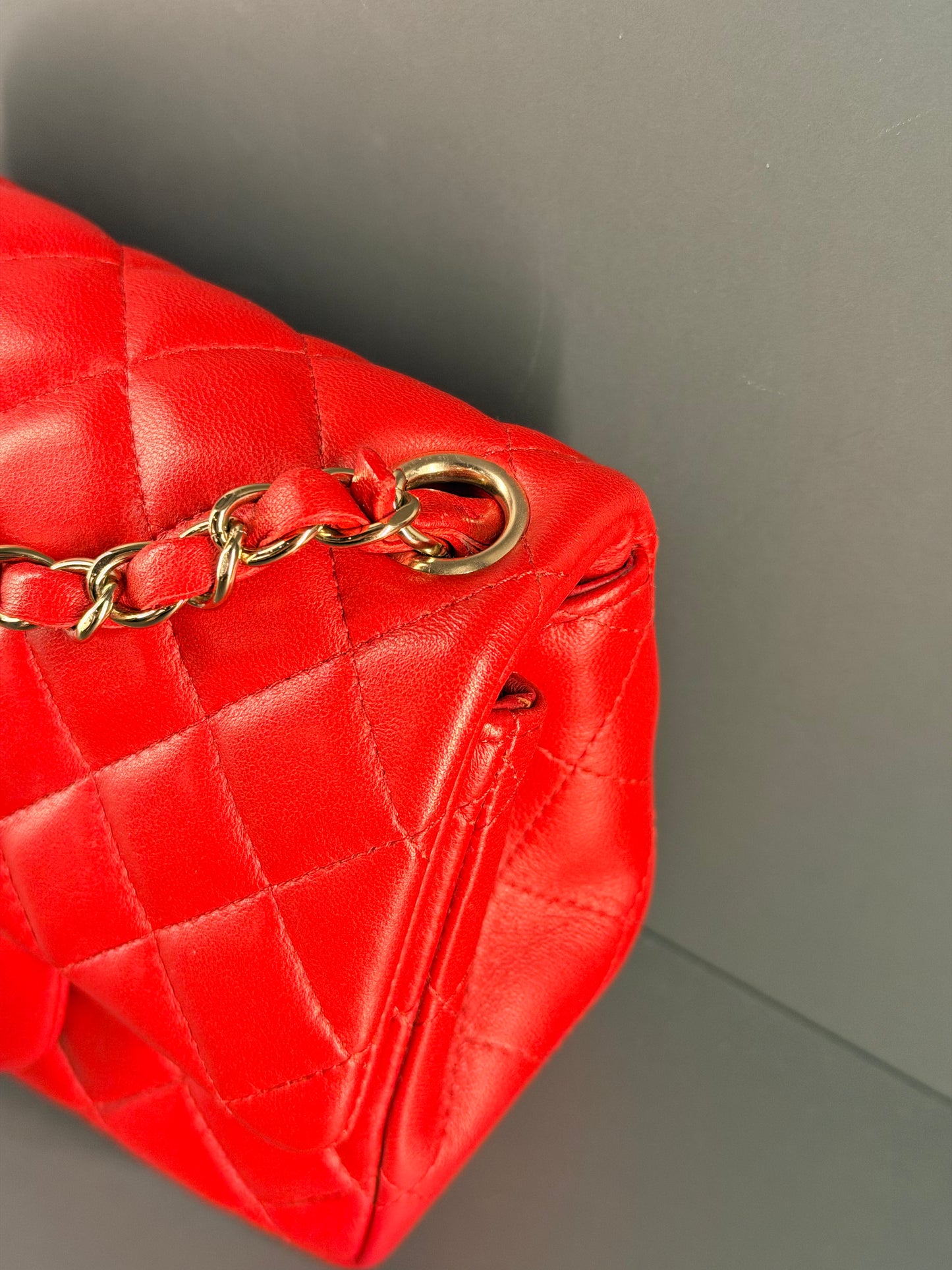 CHANEL RED LAMBSKIN MINI SQUARE CLASSIC SINGLE FLAP CROSSBODY BAG