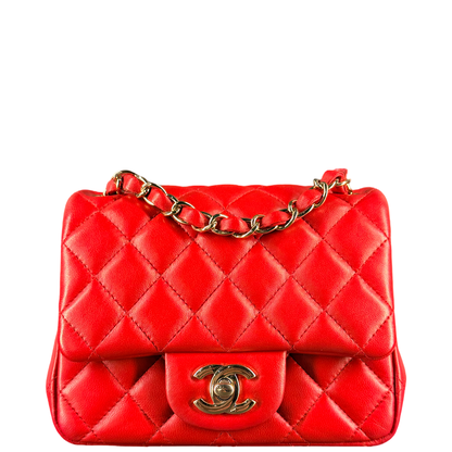 CHANEL RED LAMBSKIN MINI SQUARE CLASSIC SINGLE FLAP CROSSBODY BAG