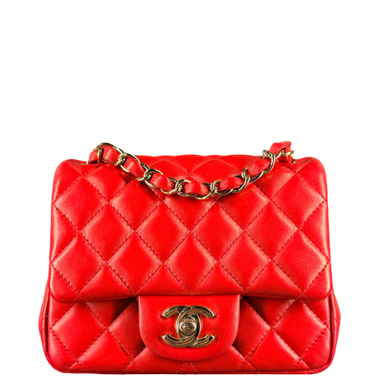 CHANEL RED LAMBSKIN MINI SQUARE CLASSIC SINGLE FLAP CROSSBODY BAG