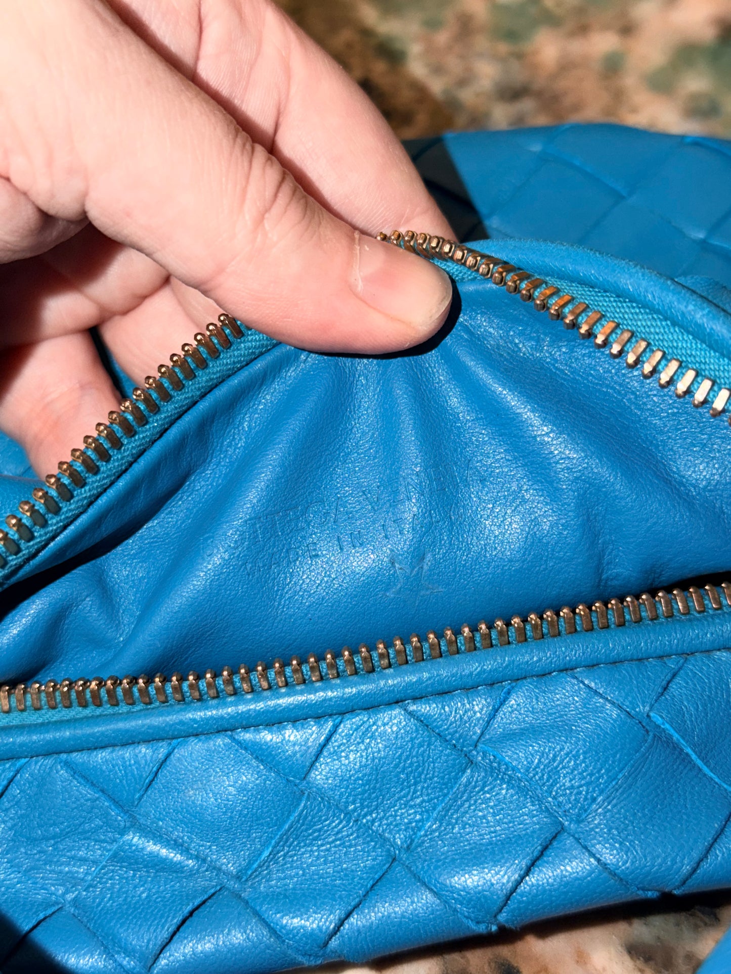 BOTTEGA VENETA BLUE MINI JODIE HANDBAG