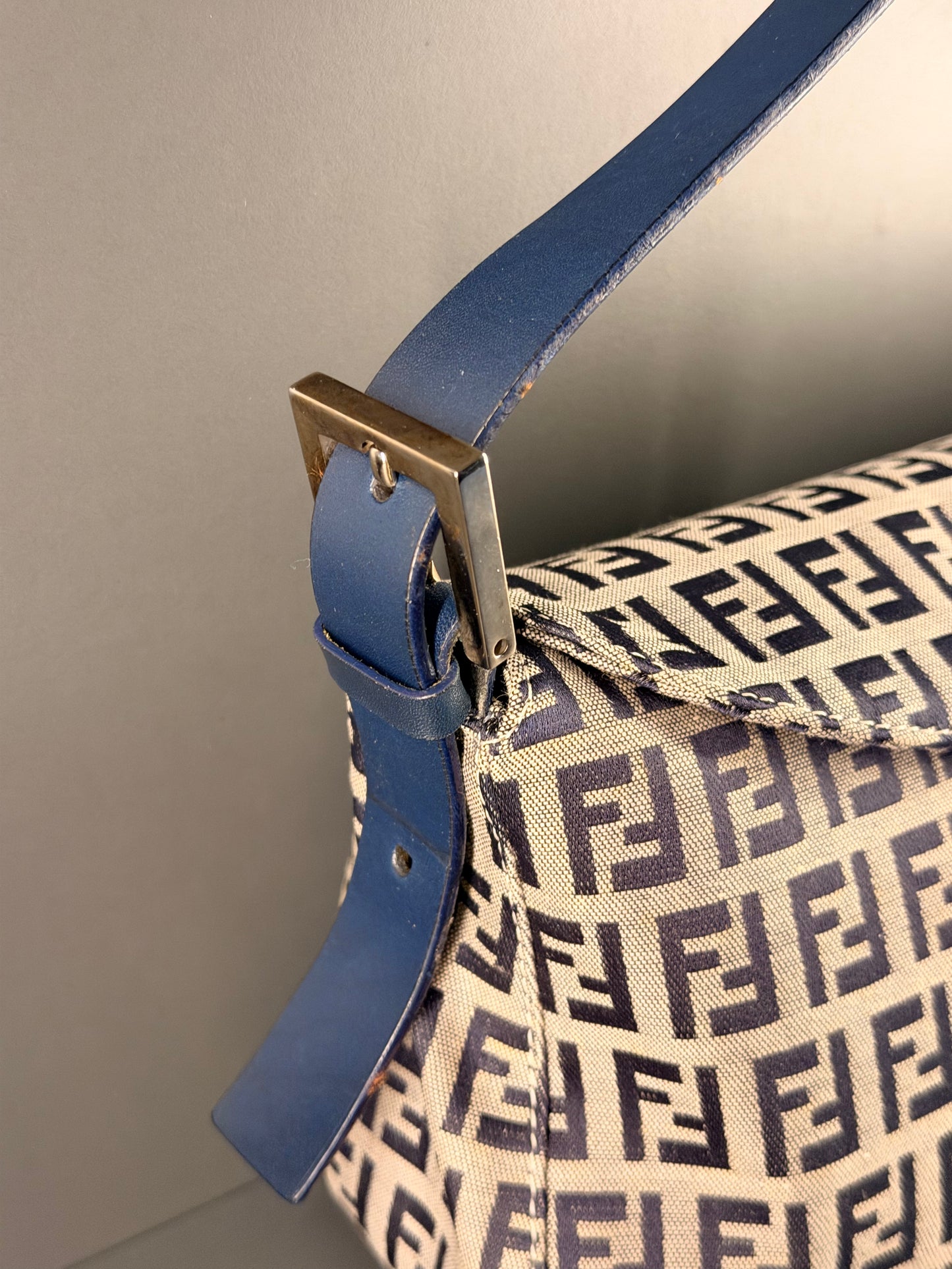 FENDI NAVY ZUCCHINO DOUBLE FLAP BAGUETTE SHOULDER BAG