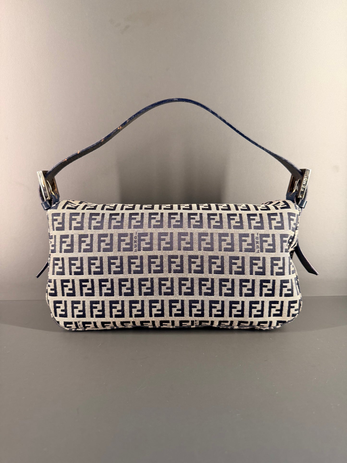 FENDI NAVY ZUCCHINO DOUBLE FLAP BAGUETTE SHOULDER BAG