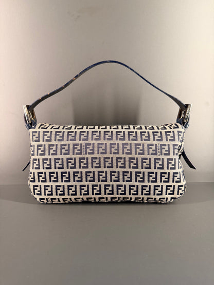 FENDI NAVY ZUCCHINO DOUBLE FLAP BAGUETTE SHOULDER BAG