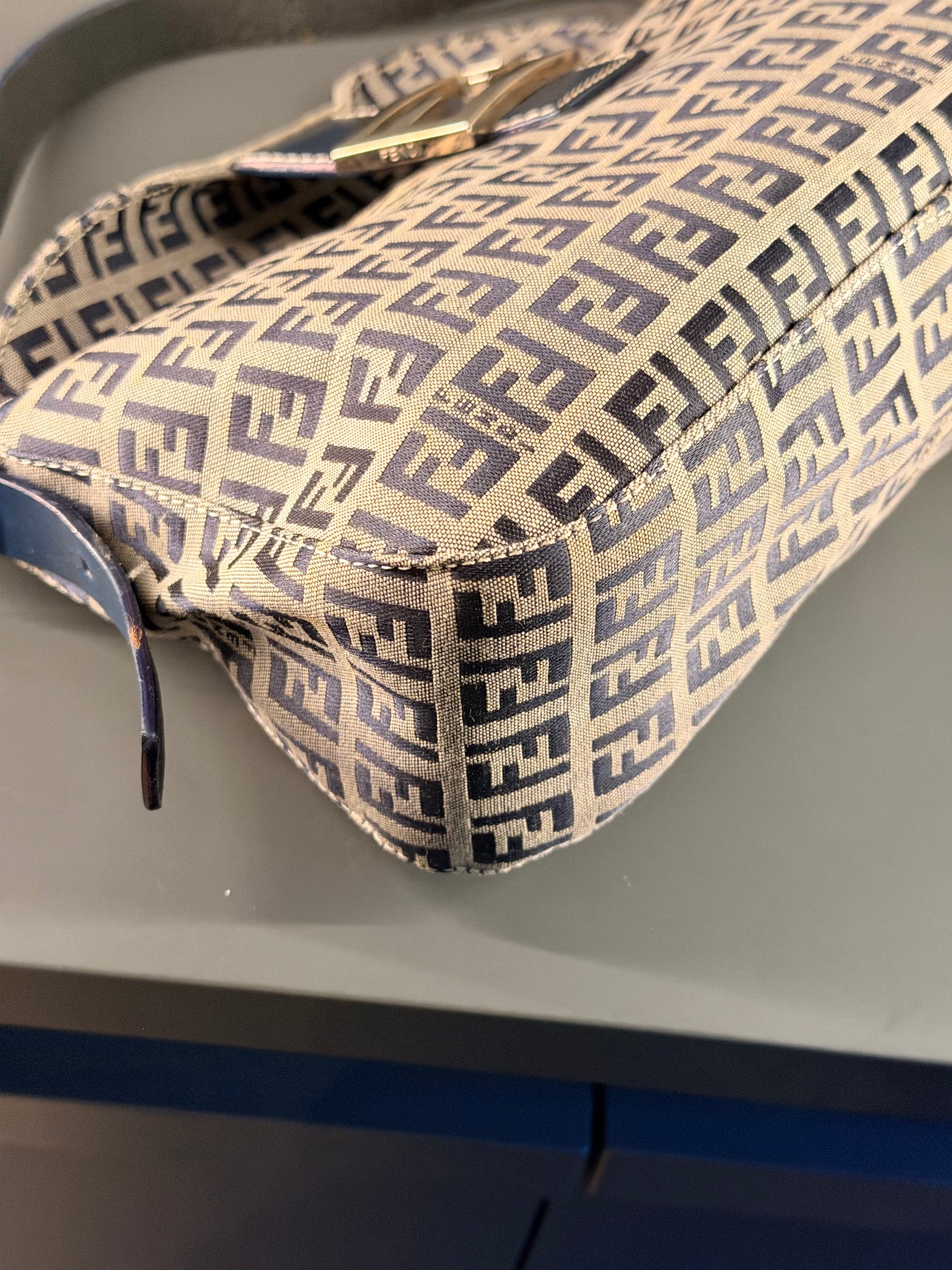 FENDI NAVY ZUCCHINO DOUBLE FLAP BAGUETTE SHOULDER BAG