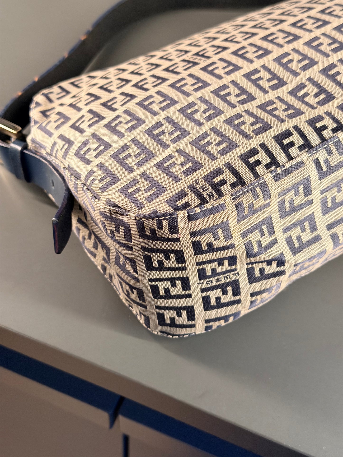 FENDI NAVY ZUCCHINO DOUBLE FLAP BAGUETTE SHOULDER BAG