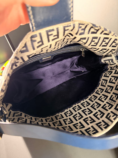 FENDI NAVY ZUCCHINO DOUBLE FLAP BAGUETTE SHOULDER BAG