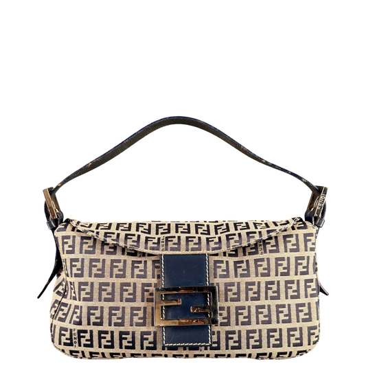 FENDI NAVY ZUCCHINO DOUBLE FLAP BAGUETTE SHOULDER BAG