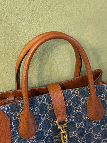 GUCCI MONOGRAM DENIM JACKIE 1961 SHOPPER TOTE