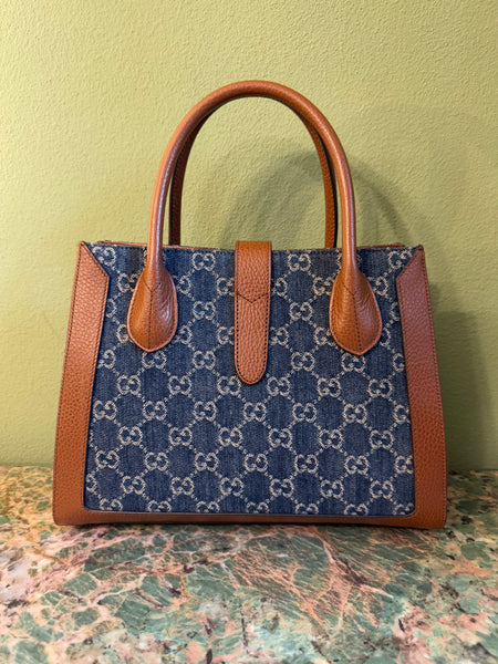 GUCCI MONOGRAM DENIM JACKIE 1961 SHOPPER TOTE