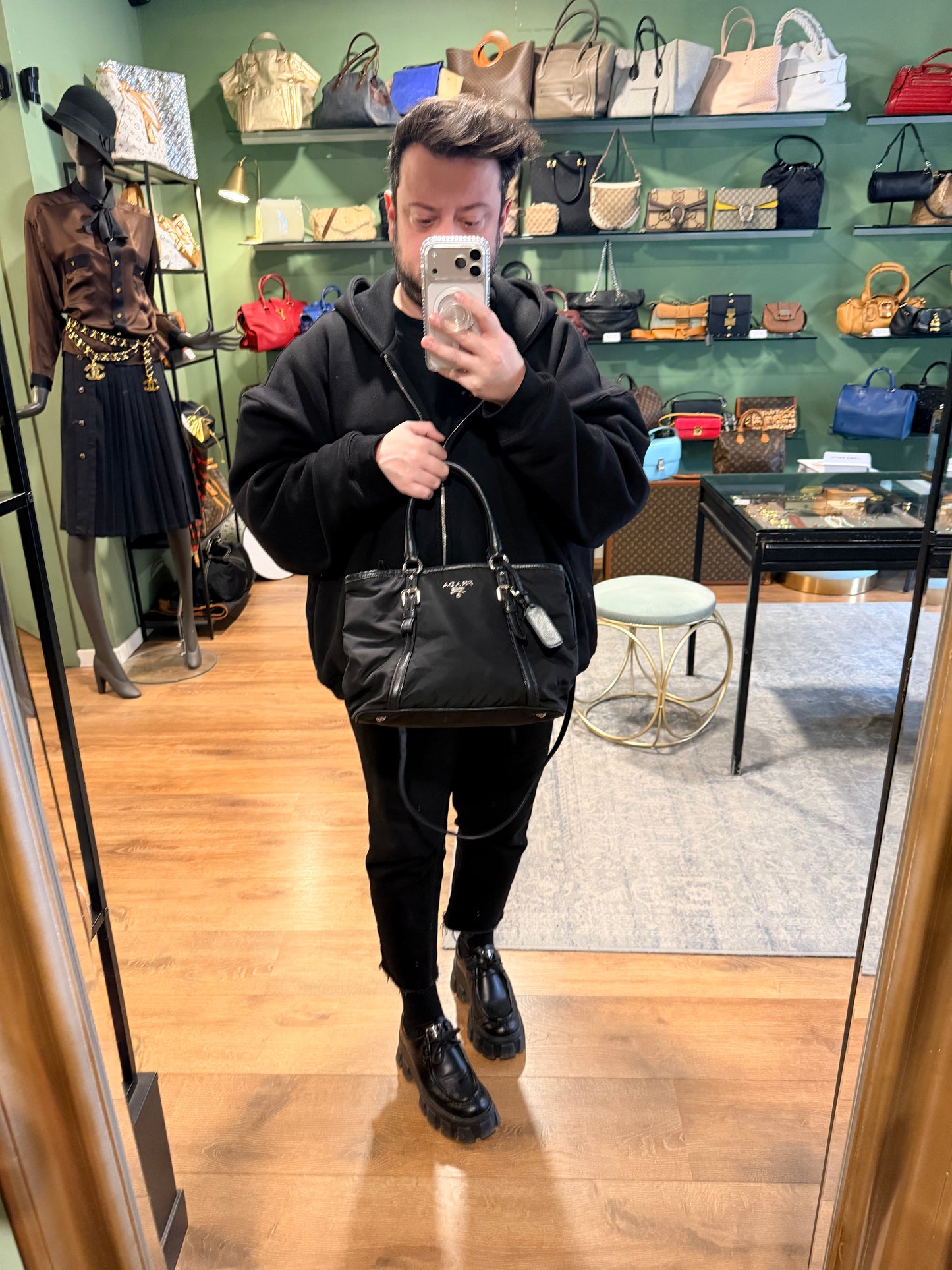 PRADA BLACK NYLON TWO WAY HANDBAG