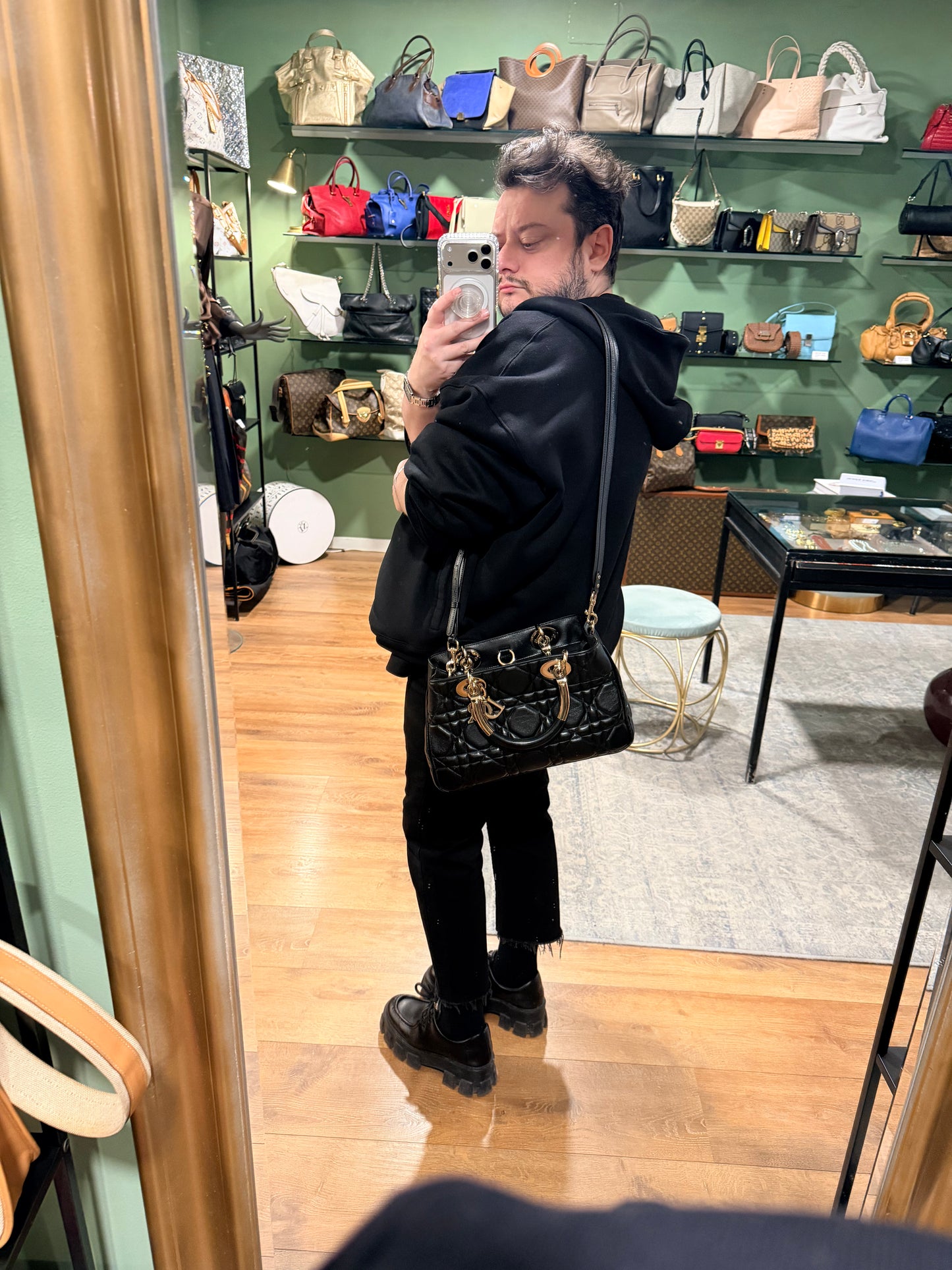 DIOR BLACK MEDIUM LADY DIOR 95.22 HANDBAG