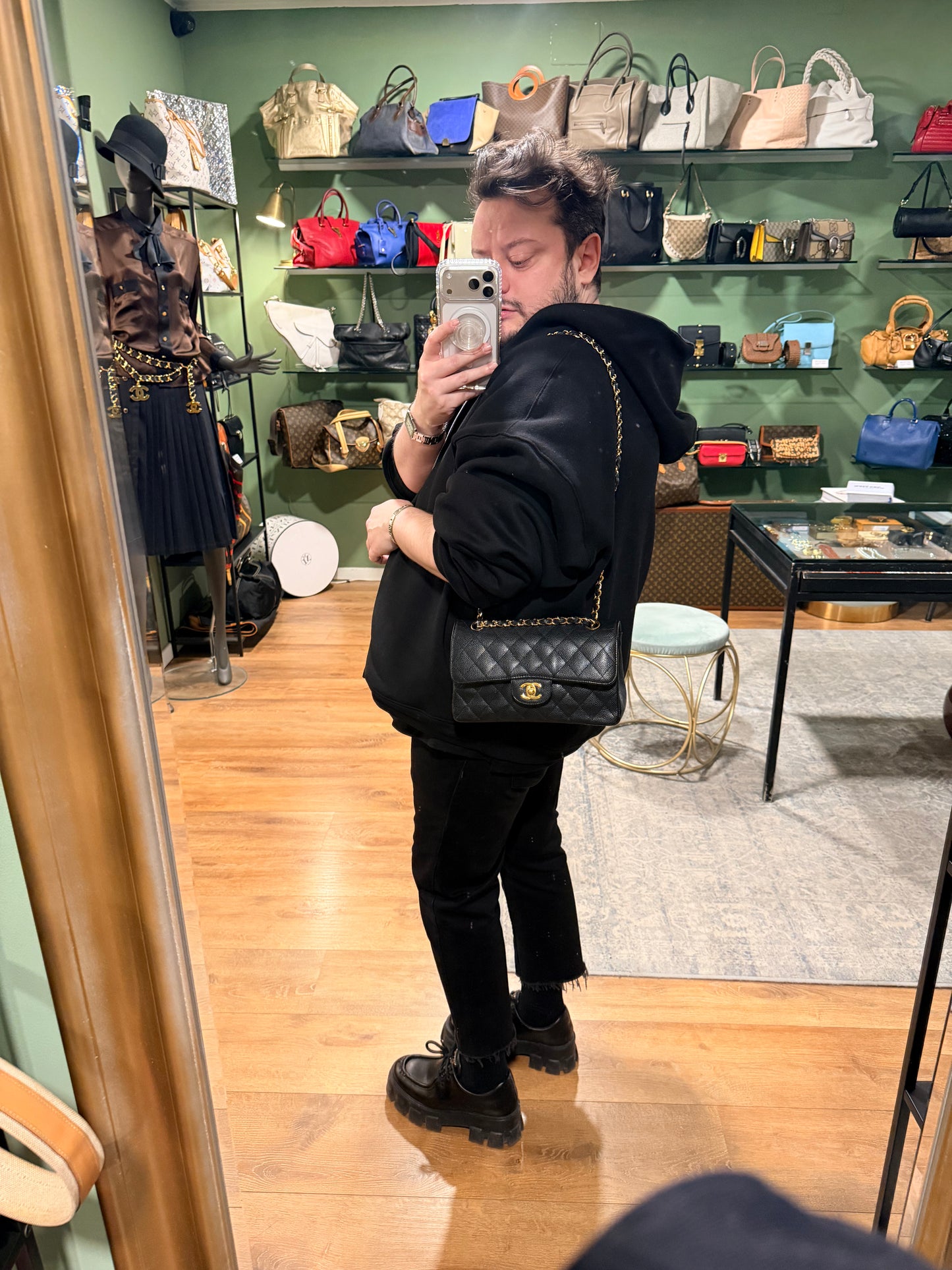 CHANEL BLACK CAVIAR SMALL TIMELESS CLASSIC DOUBLE FLAP SHOULDER BAG