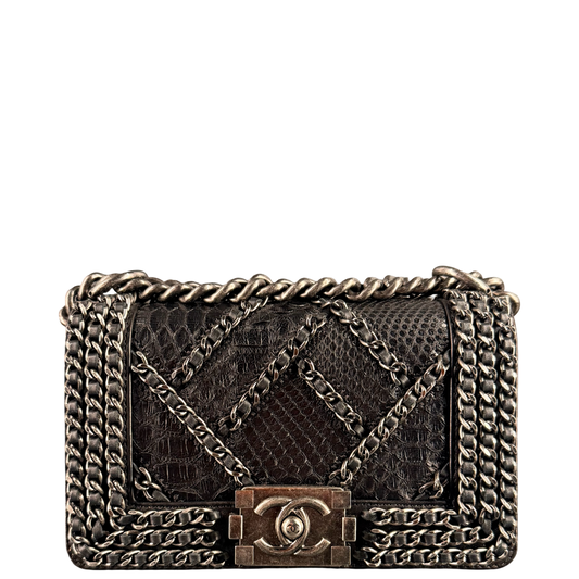 CHANEL BLACK PYTON WITH CHAINS SMALL BOY CROSSBODY BAG