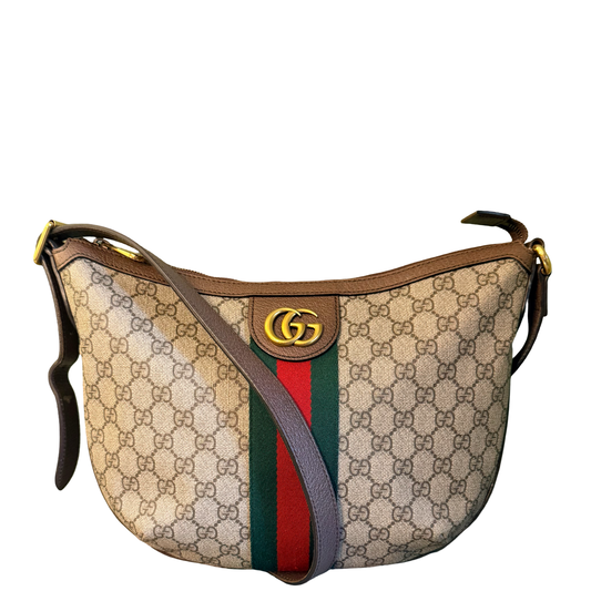 GUCCI BROWN GG SUPREME OPHIDIA HALF MOON CROSSBODY BAG